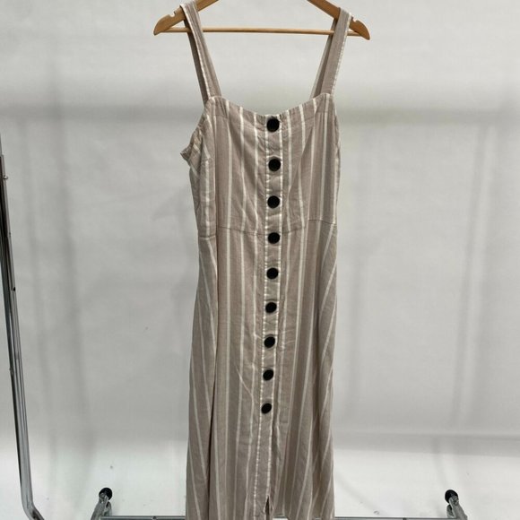 WITCHERY Linen blend Neutral Beige White Stripe Button Midi Dress NWT RRP$160 - Picture 11 of 16